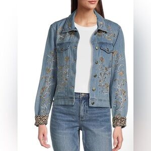 John Mark Blue Embroidered Jean Jacket with Leopard Cuffs